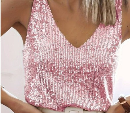 Aliams | Damen Glitter Pailletten V-Ausschnitt Top Ärmelloses Shirt Top für Frauen