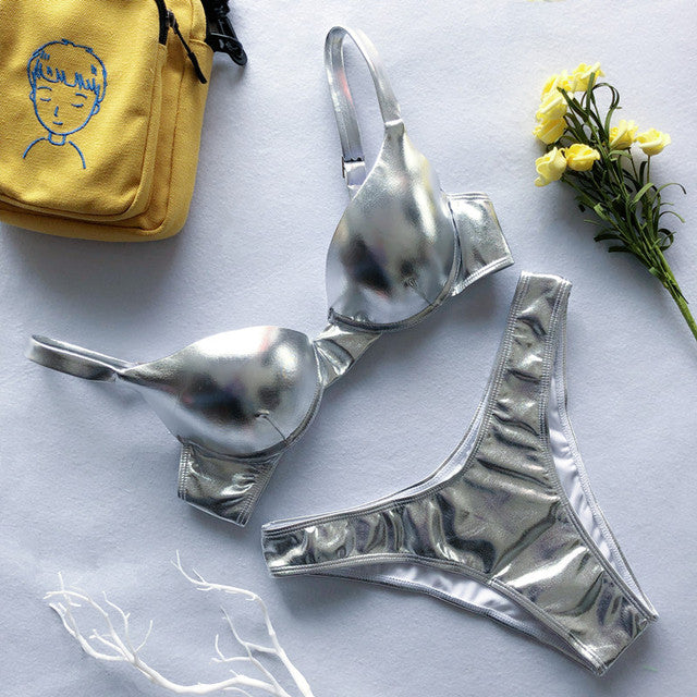 Aliams | Glänzendes Metallic Push-Up Bikini-Set für Damen