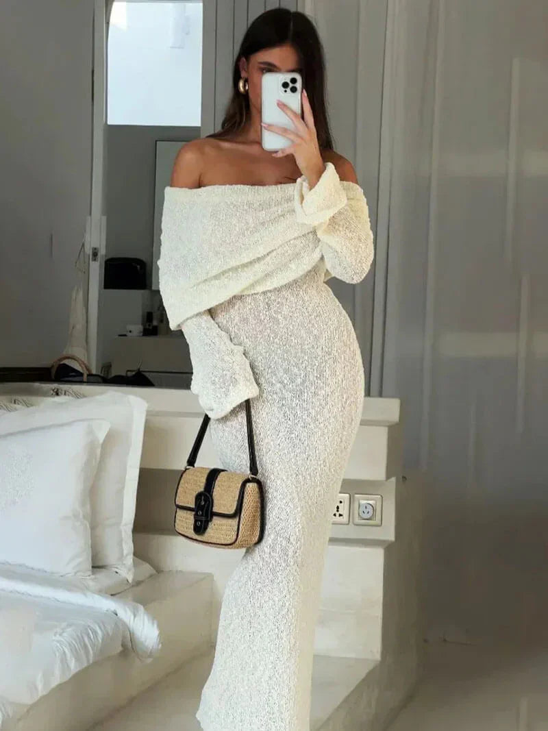 Schulterfrei Strick-Maxi-Kleid Für Damen