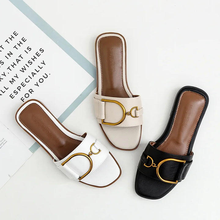 Aliams | Damen-Slipper Aus Leder mit Quadratischer Zehenpartie: Designer-Flats mit Metallverzierung, Outdoor-Flip-Flops, Gummisohle