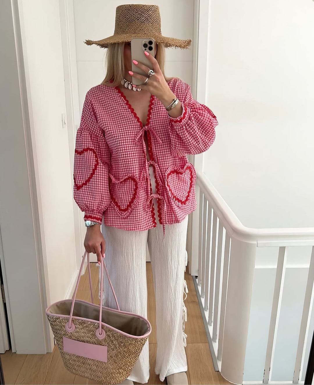Oversized Plaid Bluse Mit Bindeband Für Damen