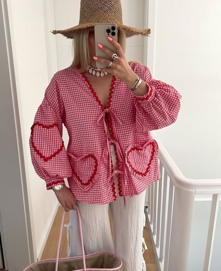 Oversized Plaid Bluse Mit Bindeband Für Damen