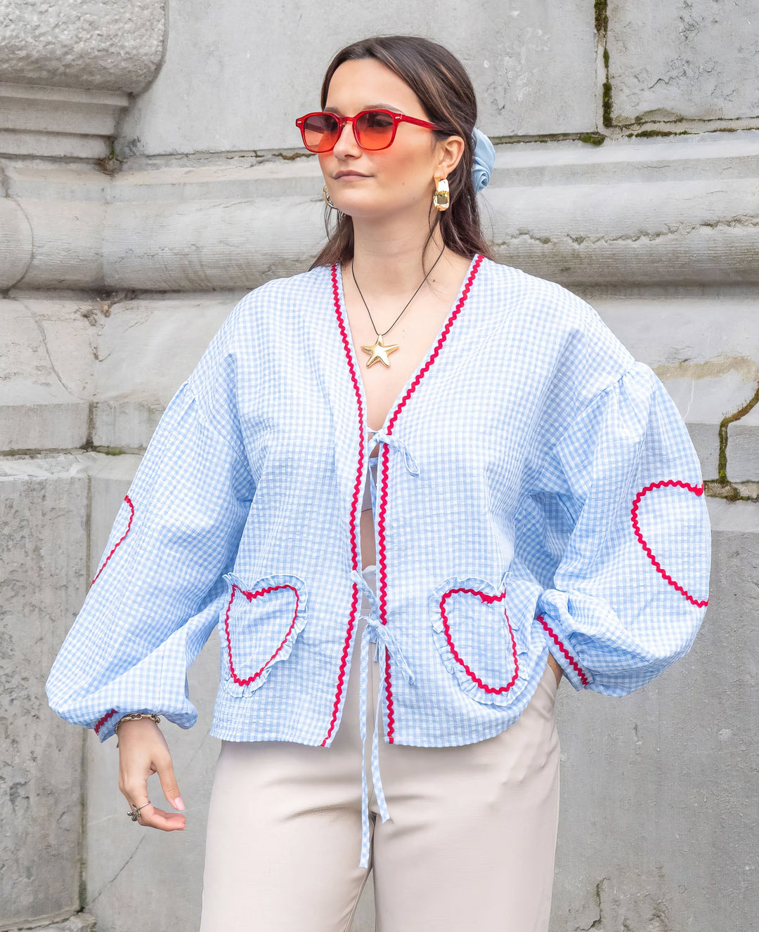 Oversized Plaid Bluse Mit Bindeband Für Damen
