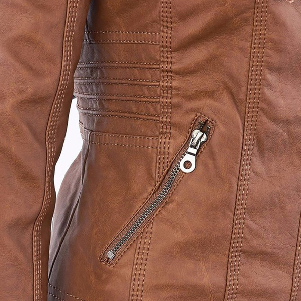 Khaki lederjacke mit seitlicher reißverschlusstasche