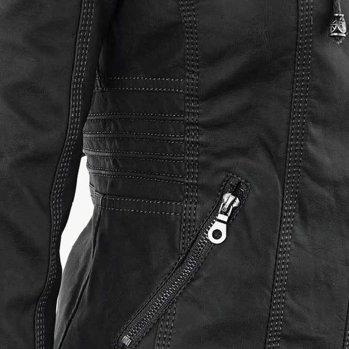 Schwarz lederjacke mit seitlicher reißverschlusstasche