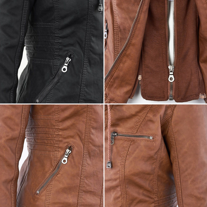 Nahaufnahmen von lederjacken in schwarz und khaki, die reißverschlusstaschen zeigen