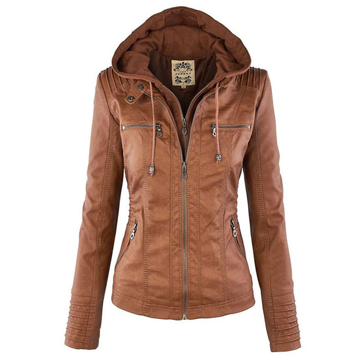 Frontansicht einer khaki lederjacke mit kapuze vor einem weißen hintergrund