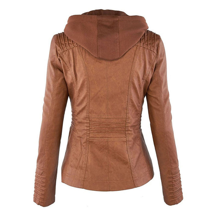 Rückansicht einer khaki lederjacke mit kapuze