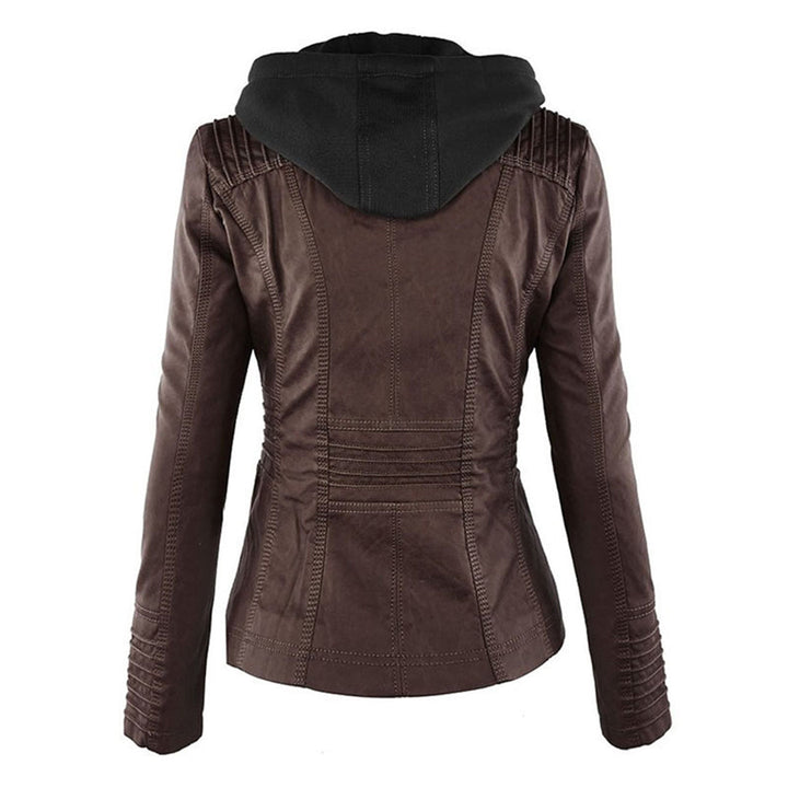 Rückansicht einer braun lederjacke mit kapuze