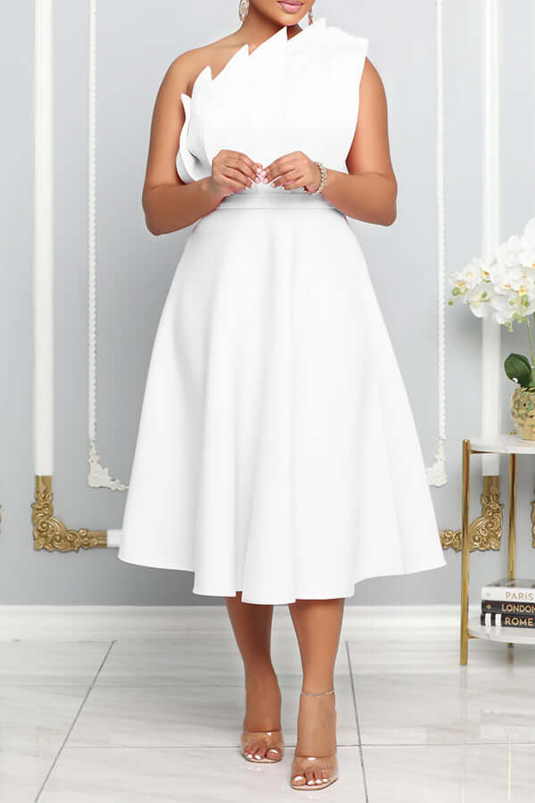 Aliams | One Shoulder Midi Kleid Elegante A-Linie Passform Skulpturierte Details Festliche Kleidung