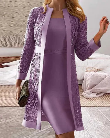 Aliams | Damen Spitze Strickjacke Kleid Zweiteiliges Set
