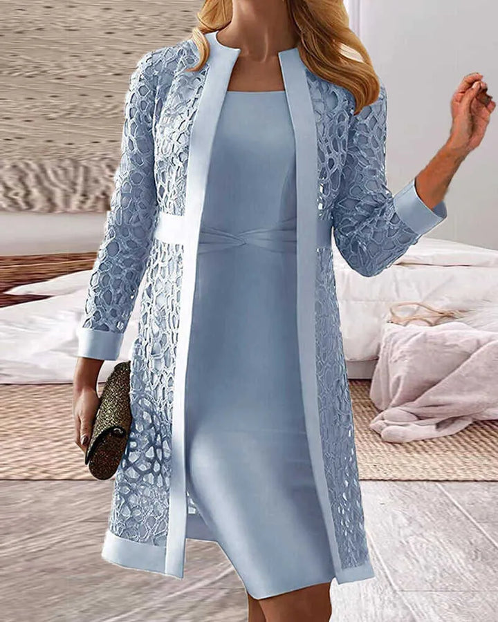 Aliams | Damen Spitze Strickjacke Kleid Zweiteiliges Set
