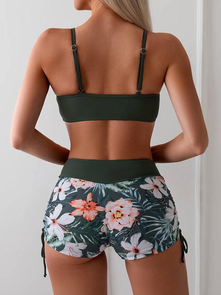 Aliams | 2 Teiliges Bikini Mit Grünem Blumenmuster Und Hoher Taille