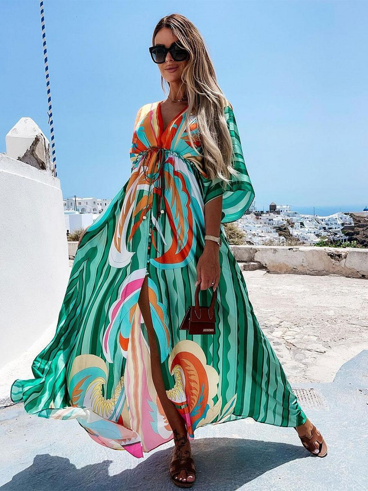 Aliams | Boho Strandkleid mit Sweetheart-Ausschnitt, Fledermausärmeln, Langer Schnitt und Print