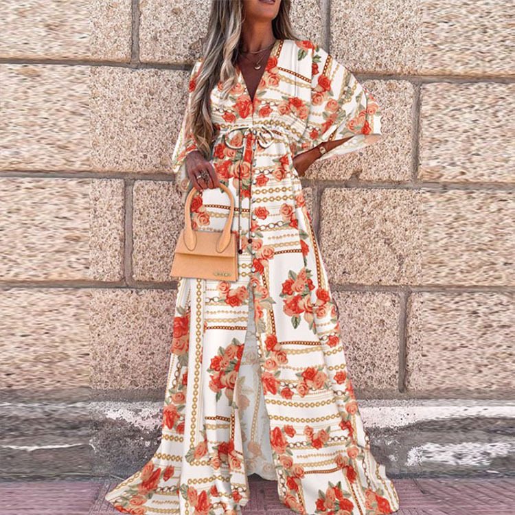 Aliams | Boho Strandkleid mit Sweetheart-Ausschnitt, Fledermausärmeln, Langer Schnitt und Print