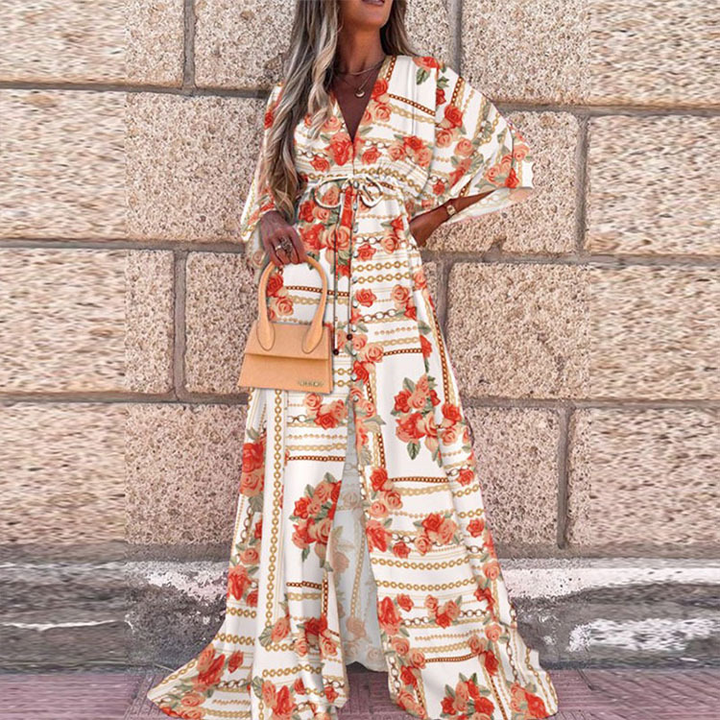 Aliams | Boho Strandkleid mit Sweetheart-Ausschnitt, Fledermausärmeln, Langer Schnitt und Print
