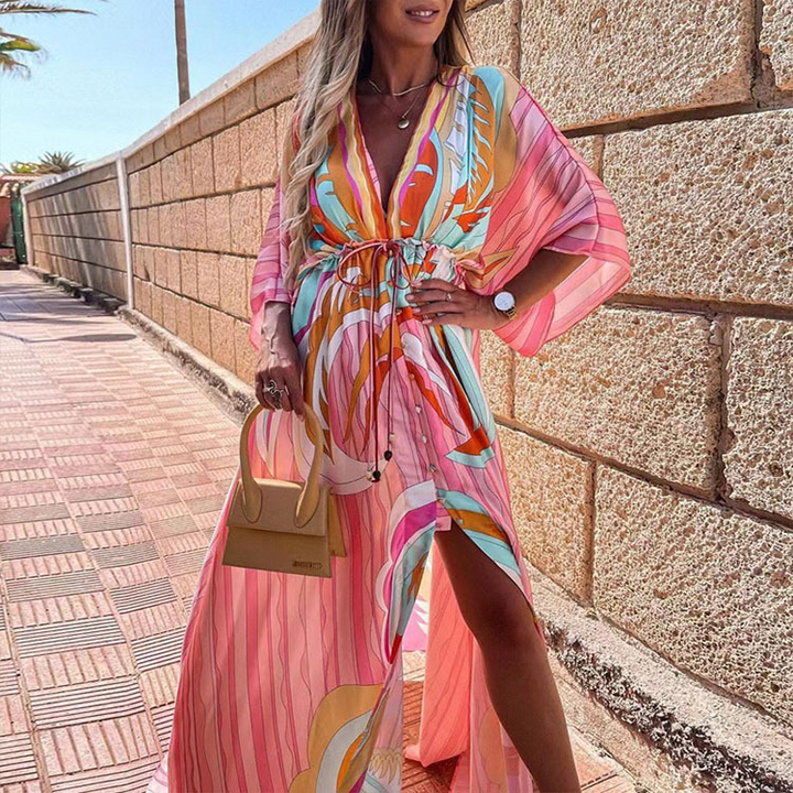 Aliams | Boho Strandkleid mit Sweetheart-Ausschnitt, Fledermausärmeln, Langer Schnitt und Print