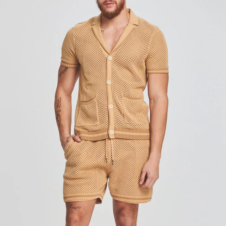 Herren Lounge Set Mit Knöpfen – Atmungsaktives Mesh-Strickdesign
