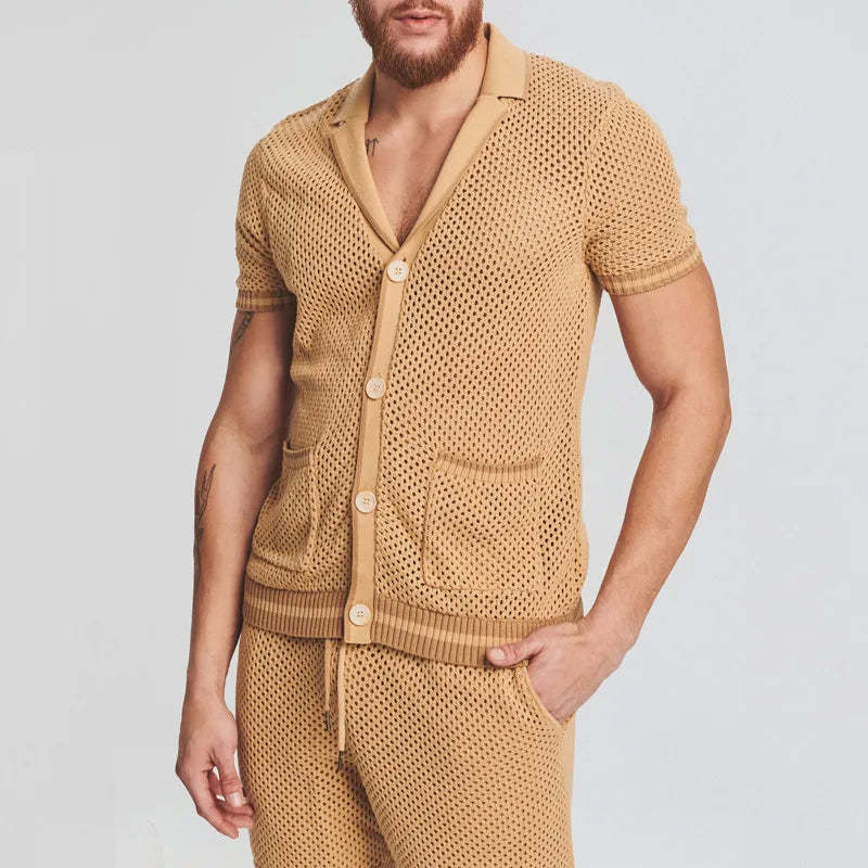 Herren Lounge Set Mit Knöpfen – Atmungsaktives Mesh-Strickdesign