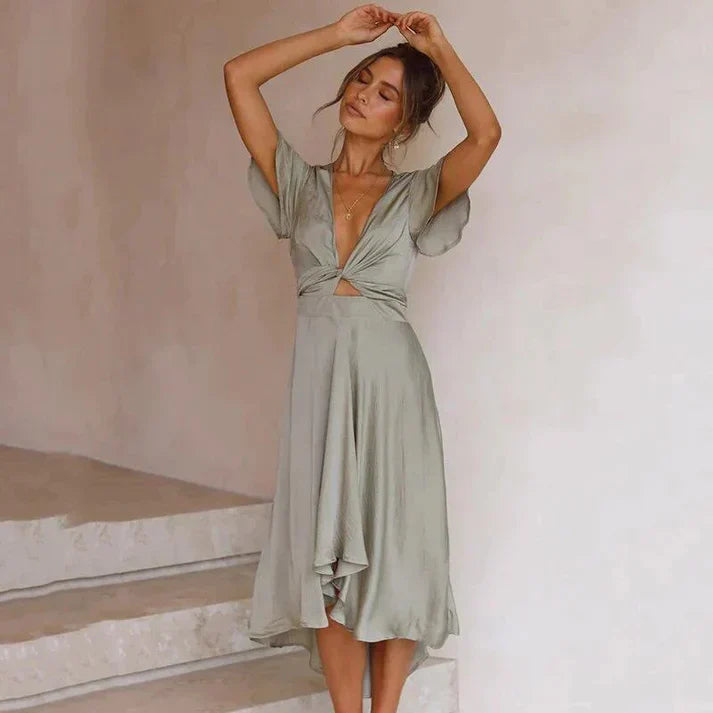 Aliams | Elegantes Wickelkleid Aus Seide mit Flügelärmeln und V-Ausschnitt Schickes Wickelkleid mit V-Ausschnitt und Flatterärmeln