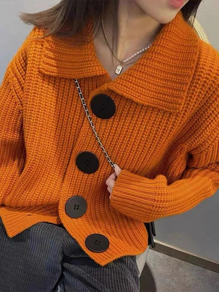 Damen Pullover Mit Lockerem Revers Und Großer Knopfleiste