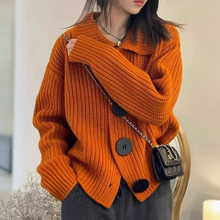 Damen Pullover Mit Lockerem Revers Und Großer Knopfleiste