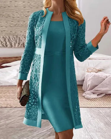 Aliams | Damen Spitze Strickjacke Kleid Zweiteiliges Set