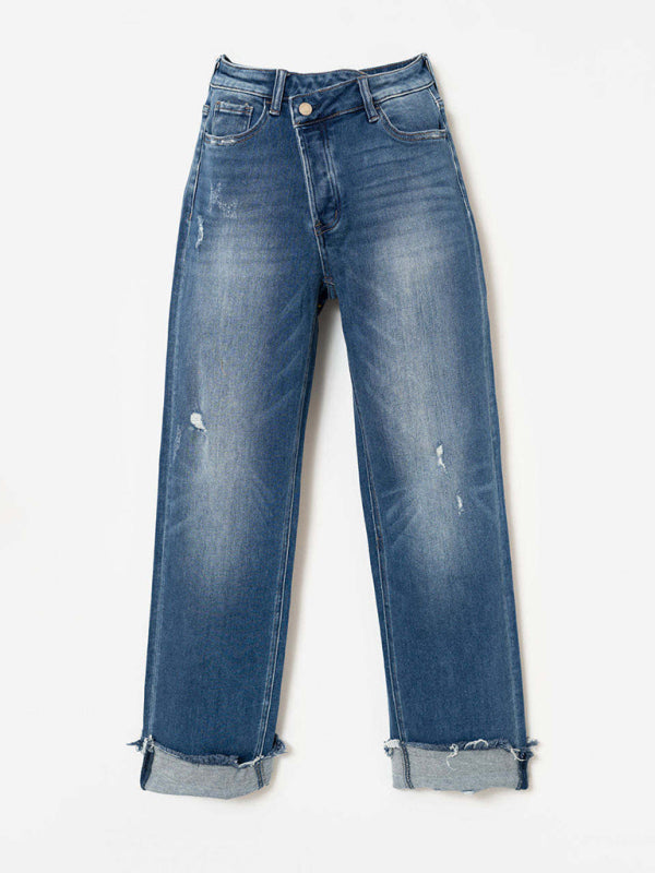 Aliams | Damen Denim Gewaschene Hochbund Modische Lässige Design Taillenzughose