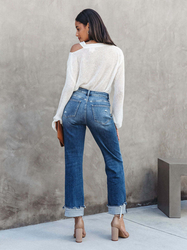 Aliams | Damen Denim Gewaschene Hochbund Modische Lässige Design Taillenzughose