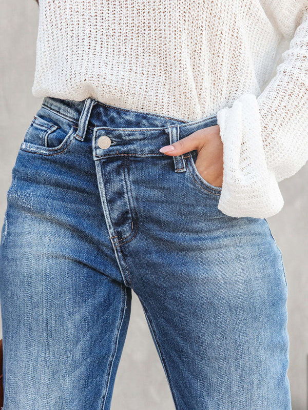 Aliams | Damen Denim Gewaschene Hochbund Modische Lässige Design Taillenzughose