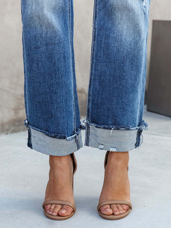 Aliams | Damen Denim Gewaschene Hochbund Modische Lässige Design Taillenzughose