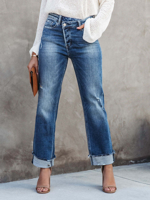 Aliams | Damen Denim Gewaschene Hochbund Modische Lässige Design Taillenzughose