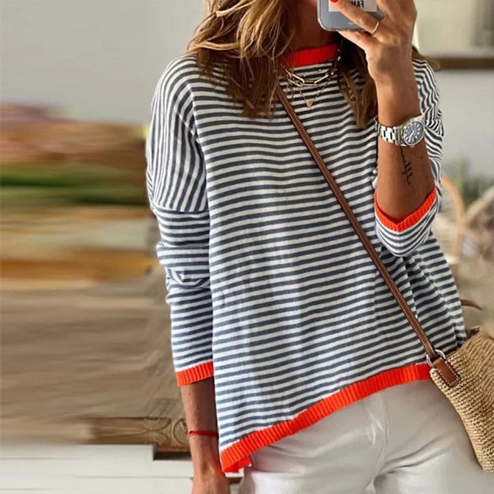Blau Gestreifter Pullover Mit orangefarbenem Rand