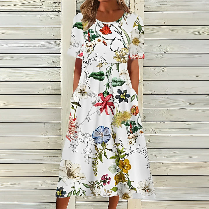 Aliams | Elegantes Weißes Blumiges Midi-Kleid für Damen