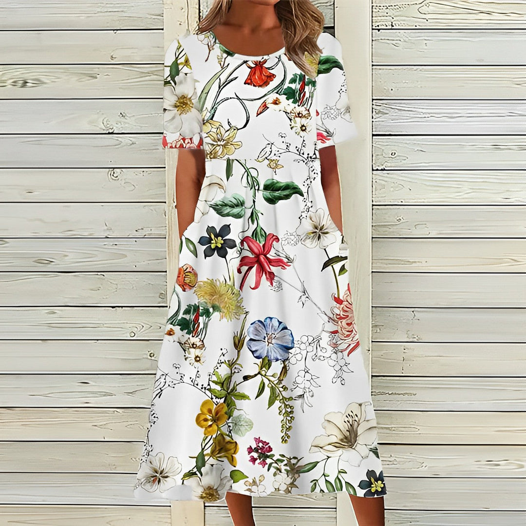 Aliams | Elegantes Weißes Blumiges Midi-Kleid für Damen