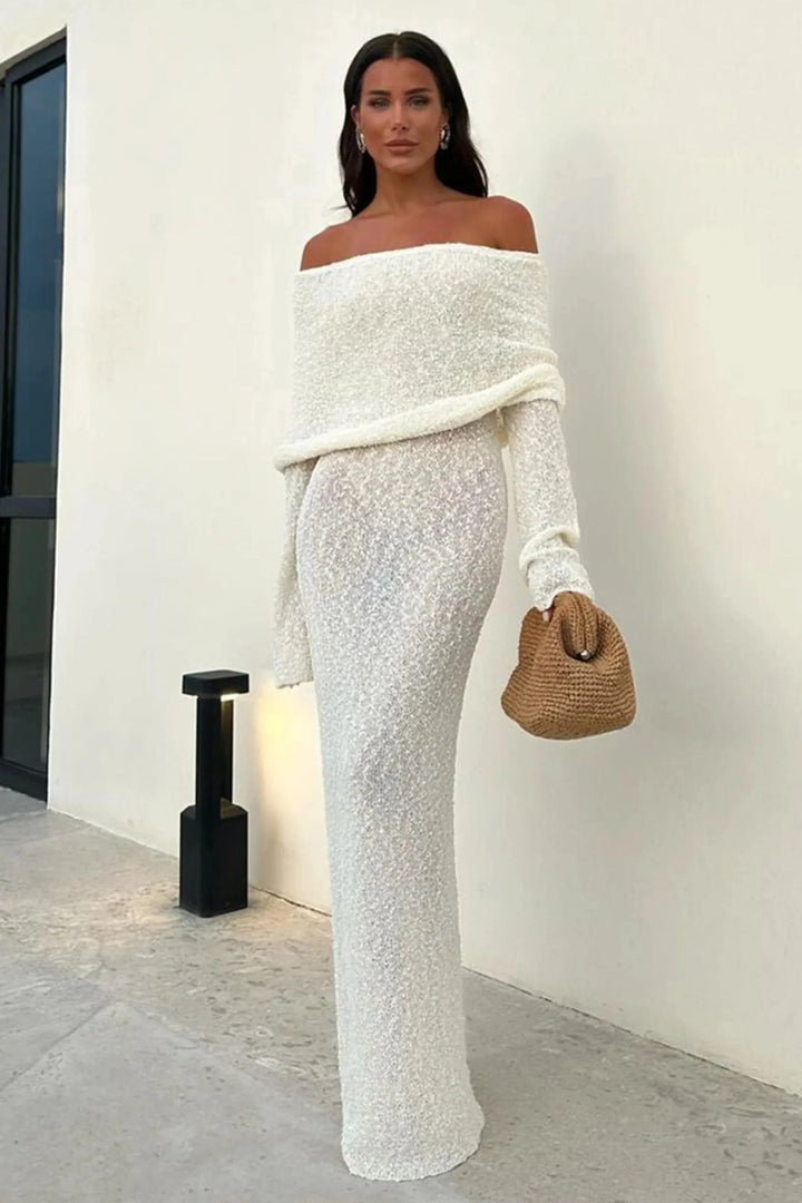 Schulterfrei Strick-Maxi-Kleid Für Damen