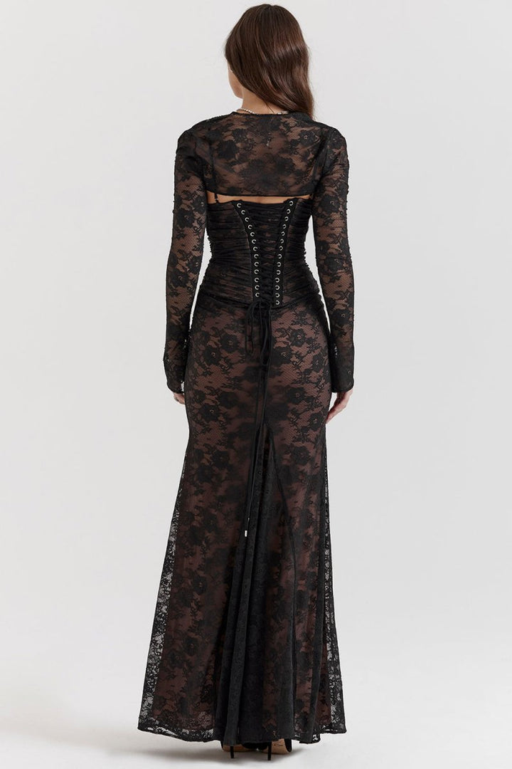 Aliams | Damen Elegantes Spitzen-Korsett-Bodycon-Kleid mit Schnür-Taille