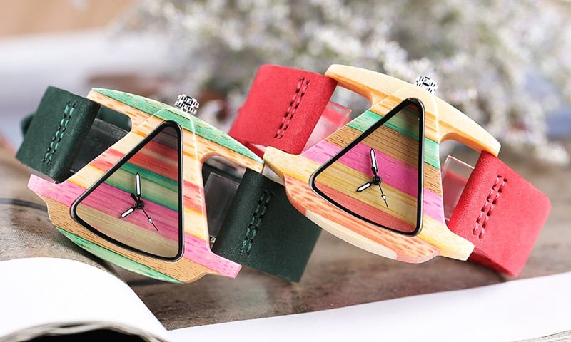Aliams | Farbige Dreieck Bamboo Wood Uhr