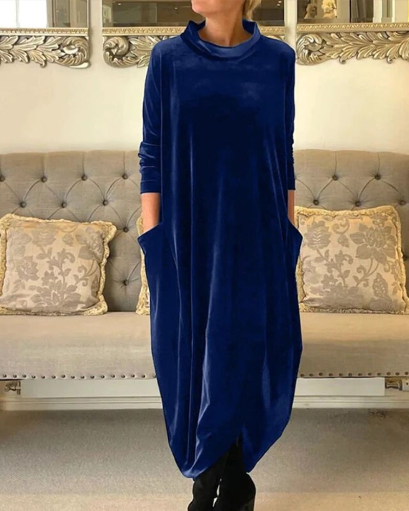 Elegantes Samtkleid Mit Taschen & Kragen Für Damen