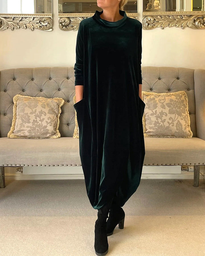 Elegantes Samtkleid Mit Taschen & Kragen Für Damen