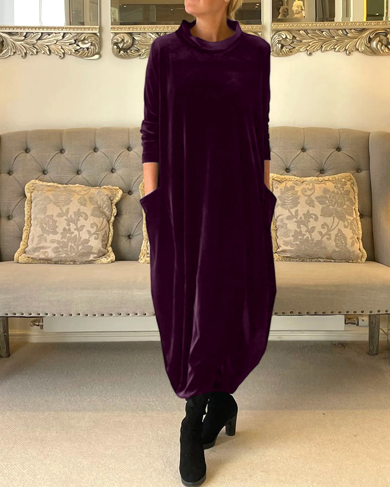 Elegantes Samtkleid Mit Taschen & Kragen Für Damen