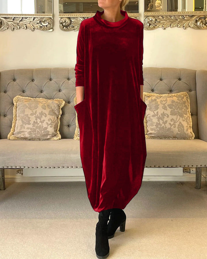 Elegantes Samtkleid Mit Taschen & Kragen Für Damen