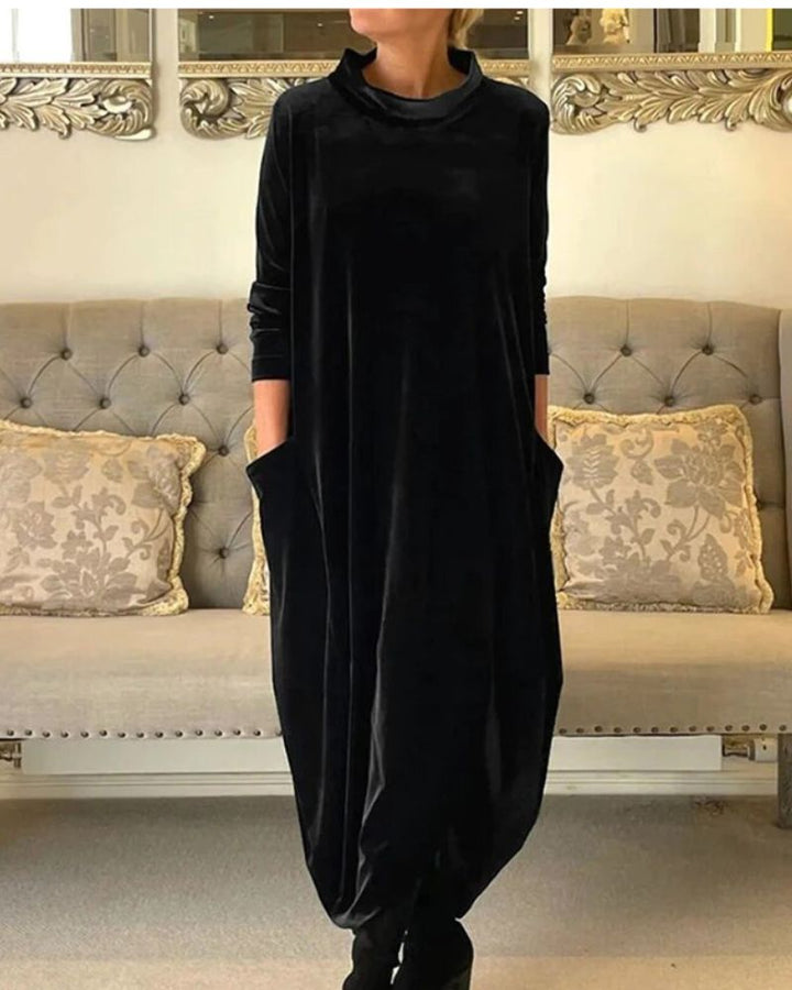 Elegantes Samtkleid Mit Taschen & Kragen Für Damen