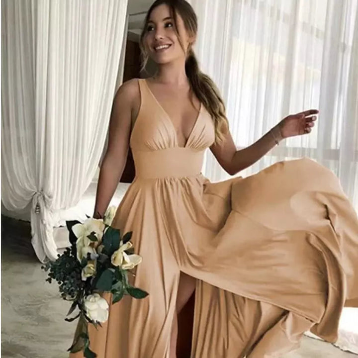 Aliams | Geteiltes V-Ausschnitt Brautjungfernkleid Lange Maxi Abend