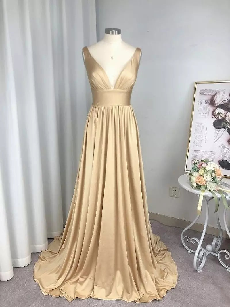 Aliams | Geteiltes V-Ausschnitt Brautjungfernkleid Lange Maxi Abend