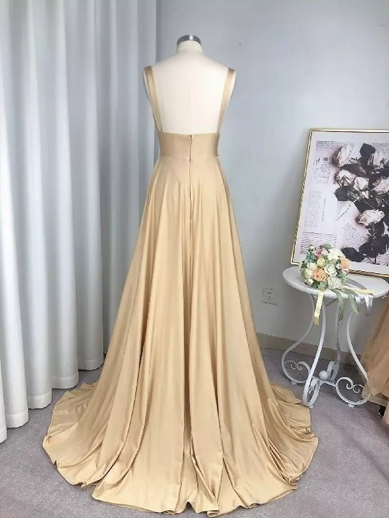 Aliams | Geteiltes V-Ausschnitt Brautjungfernkleid Lange Maxi Abend