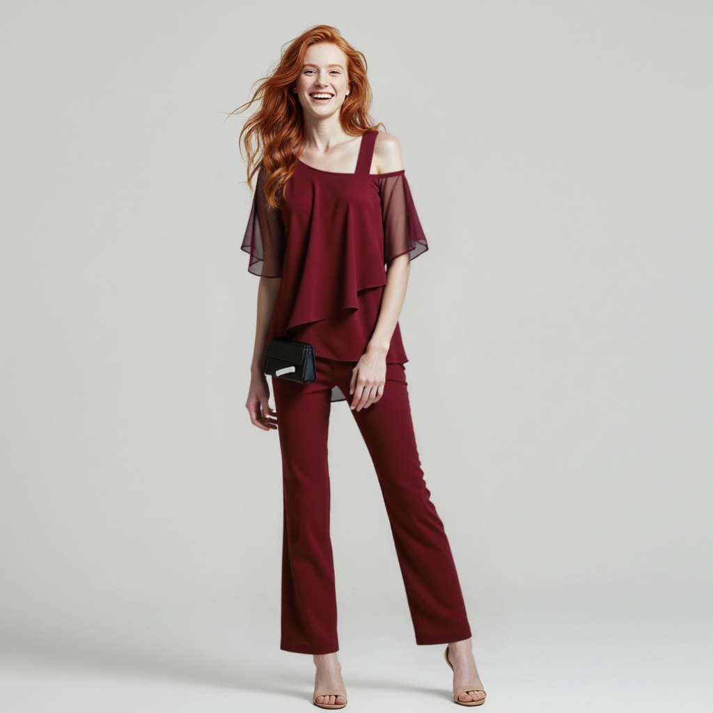 Aliams | Damen Zweiteiler Satz Eleganter Jumpsuit mit Cold Shoulder Bluse