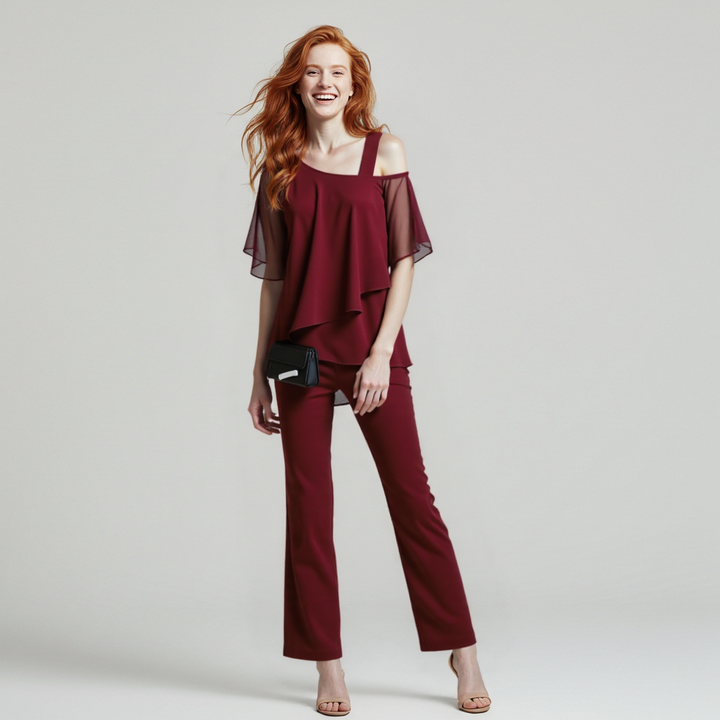 Aliams | Damen Zweiteiler Satz Eleganter Jumpsuit mit Cold Shoulder Bluse
