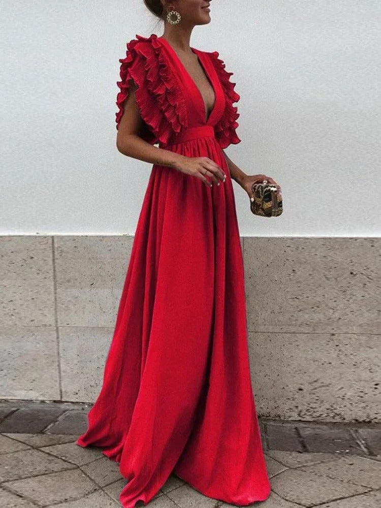 Aliams | Elegantes V-Ausschnitt-Kleid mit Rüschärmeln