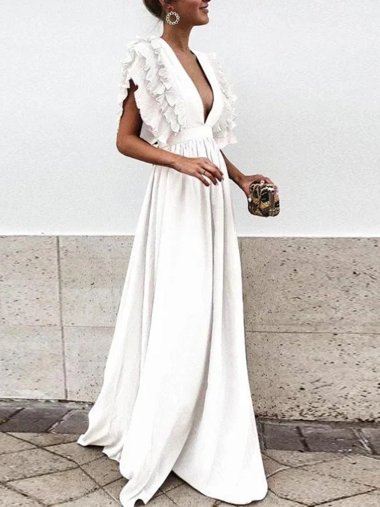 Aliams | Elegantes V-Ausschnitt-Kleid mit Rüschärmeln
